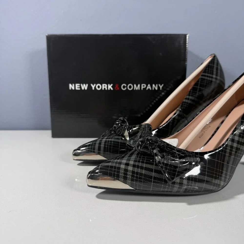 New York & Company Wendy Metal Accent Bow Pump Black Grey Plaid Stiletto Size 9‎